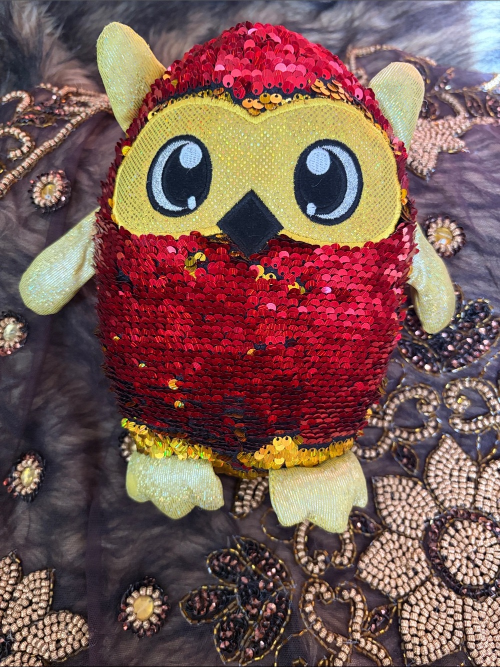 Shimmeez Owl Plush Reversible Gold and Red Sequins 8"